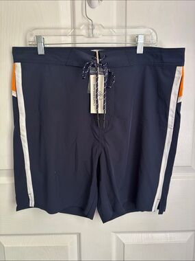 NEW SURFSIDE SUPPLY Navy Swim Trunks with White Stripe and Orange Accent Size XL
